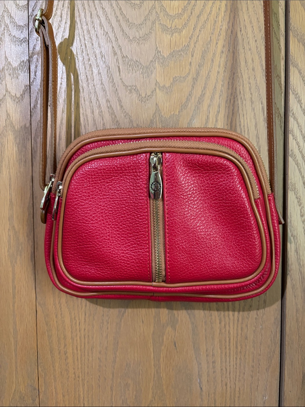 Valentina Italian Pebbled Red Leather Crossbody Bag purse with Tan Trim